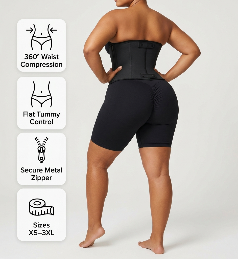Person wearing a black waist trainer with features highlighted on a white background