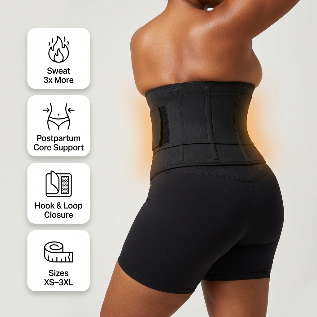 Black waist trainer worn by a person with features highlighted on the left side.